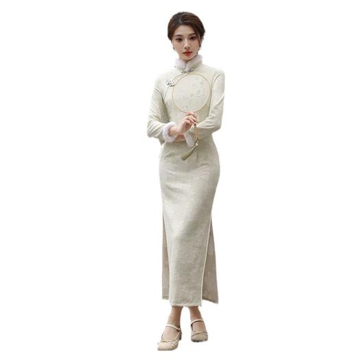 秋冬新款2023气质杏色提花仿水貂复合超柔中长款清新旗袍MLS6831 商品图4