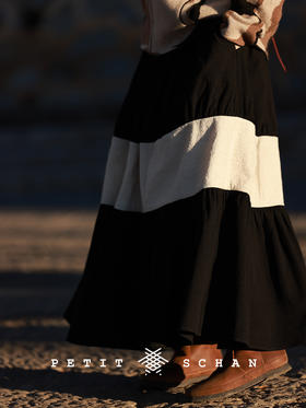 弗拉门戈 棉麻混纺松紧腰重磅设计款拼接半裙