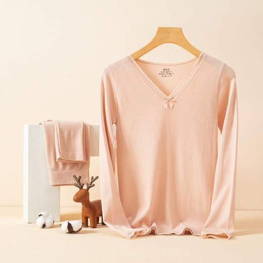 秋冬【蝴蝶结V领徳绒保暖内衣】无痕内搭 发热竖纹 修身女 秋衣秋裤套装 商品图7