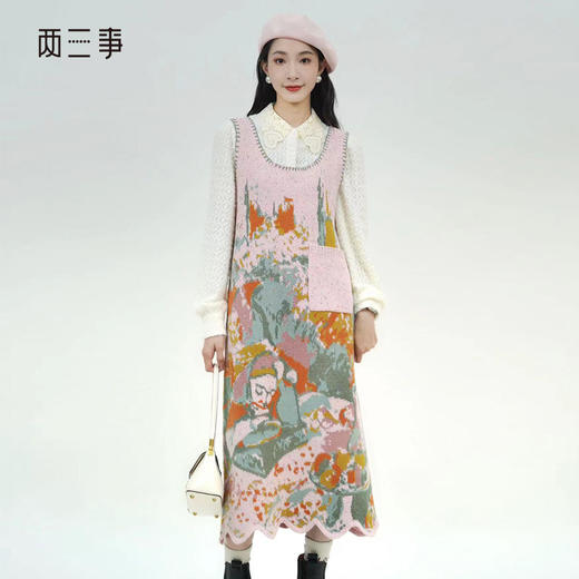 两三事阅读少女文艺风油画图案无袖毛衣裙连衣裙 商品图0