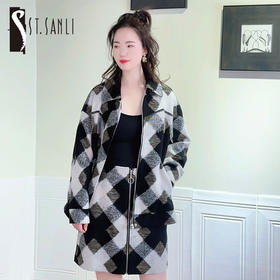 圣三利女装新秋冬季休闲短款格子羊毛上衣外套SL321A06
