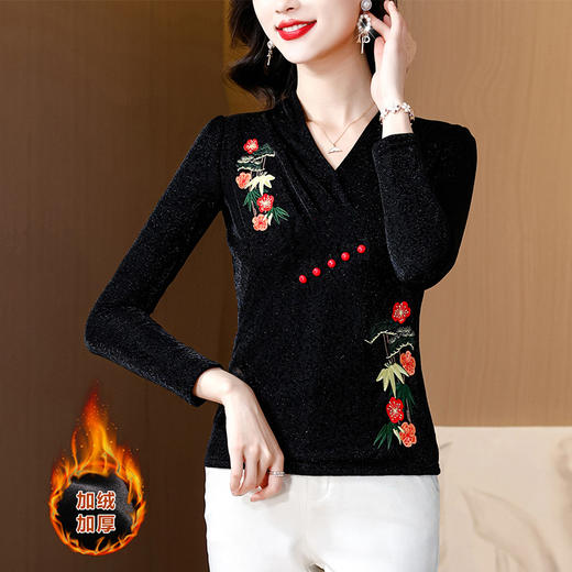 气质加绒打底衫，女长袖秋冬新品时尚绣花v领加厚保暖内搭上衣KQL-B41N6250 商品图3
