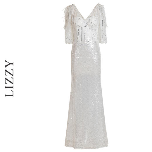 LIZZY优雅轻奢修身立体鸵鸟毛钉珠鱼尾派对礼服宴会婚庆连衣裙7190 商品图4