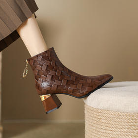OLD-898-76法式编织牛皮短靴女秋冬粗高跟后拉链气质低筒靴尖头性感及踝靴子