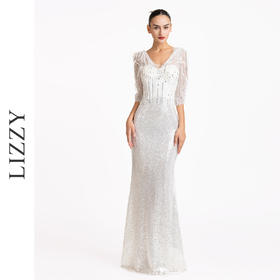 LIZZY优雅轻奢修身立体鸵鸟毛钉珠鱼尾派对礼服宴会婚庆连衣裙7190