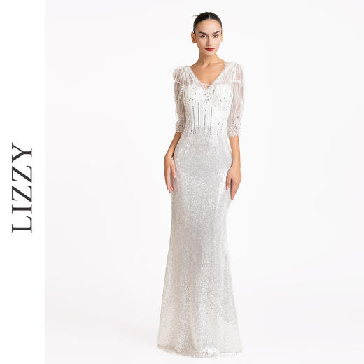 LIZZY优雅轻奢修身立体鸵鸟毛钉珠鱼尾派对礼服宴会婚庆连衣裙7190 商品图0