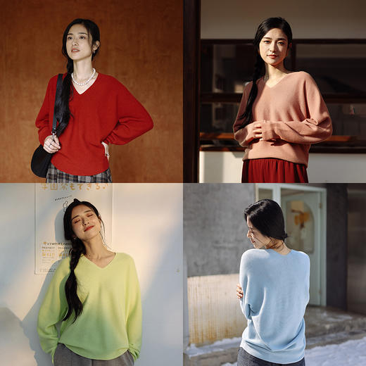 绽放795朵/彩虹羊绒衫2023冬季新款100%羊绒轻盈保暖V领套头毛衣 商品图0