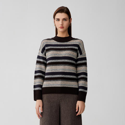 【半高领条纹撞色羊绒衫】羊绒世家秋冬新品女士100%山羊绒内搭保暖毛衣 商品图0