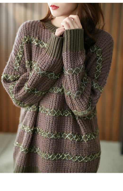 宽松毛衣女套头慵懒2023春秋新款时尚彩线条纹针织打底衫外穿 商品图5