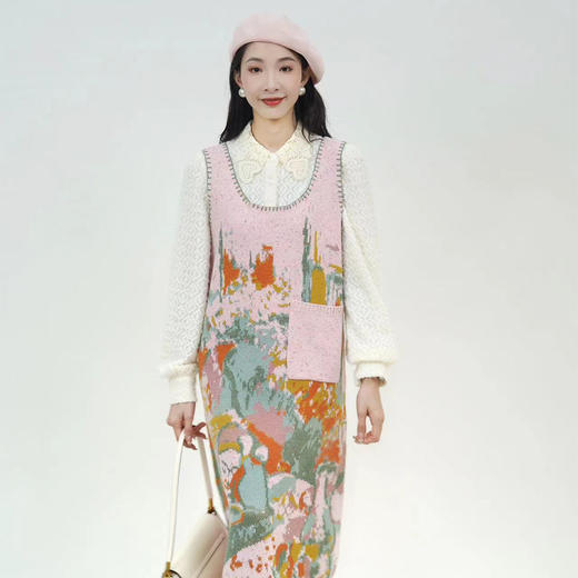 两三事阅读少女文艺风油画图案无袖毛衣裙连衣裙 商品图2