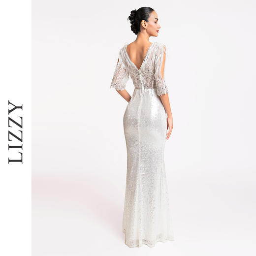 LIZZY优雅轻奢修身立体鸵鸟毛钉珠鱼尾派对礼服宴会婚庆连衣裙7190 商品图3