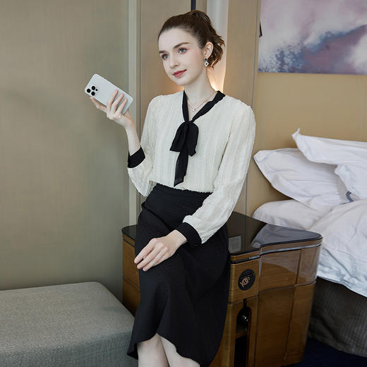奢姿2024春季新款时尚简约大码女装胖妹妹蝴蝶结系带衬衫半裙套装9941953225 商品图2