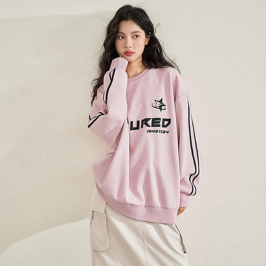 西遇美式侧边条字母印花卫衣春季新款校园风落肩粉色圆领上衣D0340213 商品图3