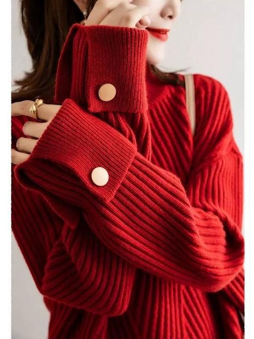 雀说 半高领新年红色毛衣女秋冬大码宽松气质百搭针织衫3ZF-0984 商品图0