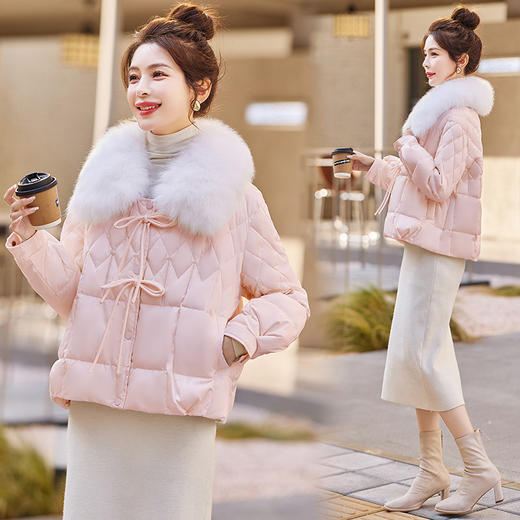 HRWQ88359短款羽绒服女2023冬新韩系气质时尚清新小甜美遮肉显瘦带毛领外套 商品图2