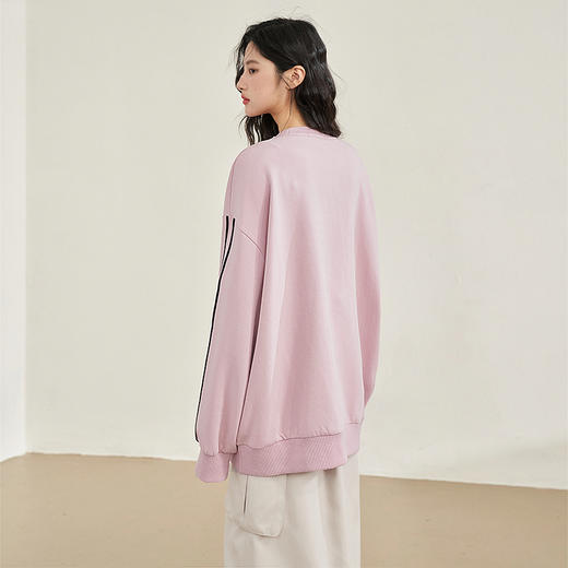 西遇美式侧边条字母印花卫衣春季新款校园风落肩粉色圆领上衣D0340213 商品图4