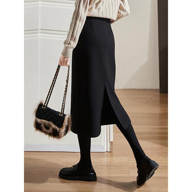 雀说 毛呢半身裙女秋季新款百搭显瘦中长款裙子开叉高腰包臀裙3ZF-121107