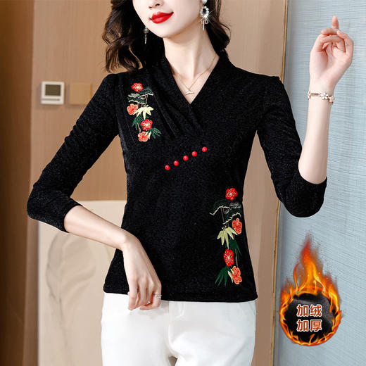 气质加绒打底衫，女长袖秋冬新品时尚绣花v领加厚保暖内搭上衣KQL-B41N6250 商品图2