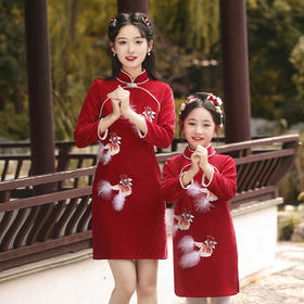 冬新款亲子装立体金鱼刺绣中国风改良旗袍QJZ876