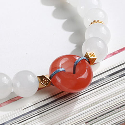 灵机吉品 和田白玉南红玛瑙手链女 平安扣编织手绳 6.5MM 商品图4