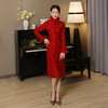 中国红喜庆宴会礼服，中长款蕾丝加绒长袖毛领气质旗袍MLS6296 商品缩略图3
