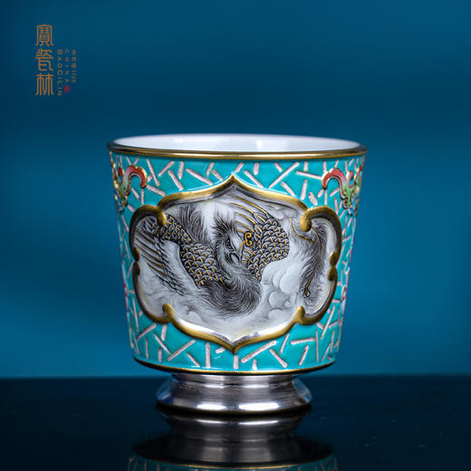 （宝）湖水绿雕刻描金开光墨彩龙跃凤鸣杯 商品图0