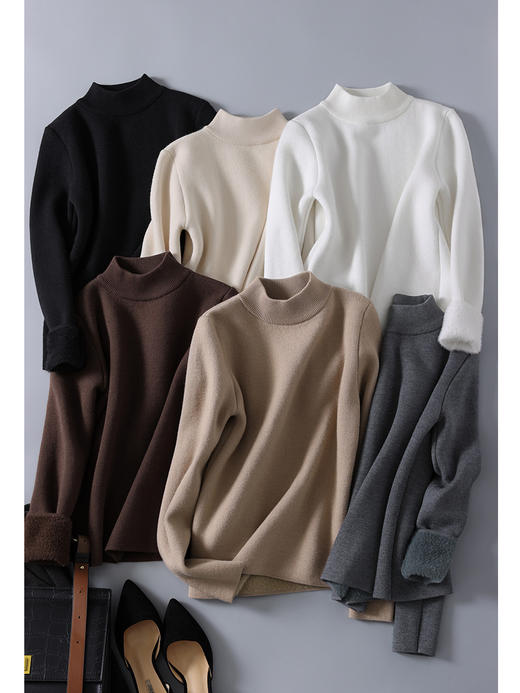 「6色可选！一体绒半高领」2023秋冬季加绒加厚毛衣女 保暖上衣打底针织衫韩版修身半高领 商品图1
