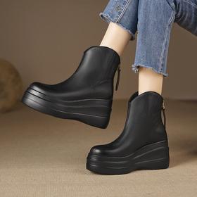 厚底马丁靴，女高跟冬季加绒松糕鞋秋冬时尚新款真皮坡跟短靴MQE-G82-8