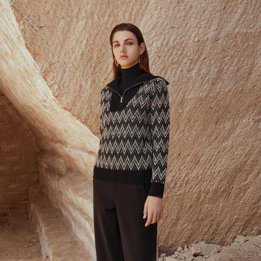 【拉链款提花羊绒衫】羊绒世家秋冬女士新品100%山羊绒提花针织套衫 商品图1