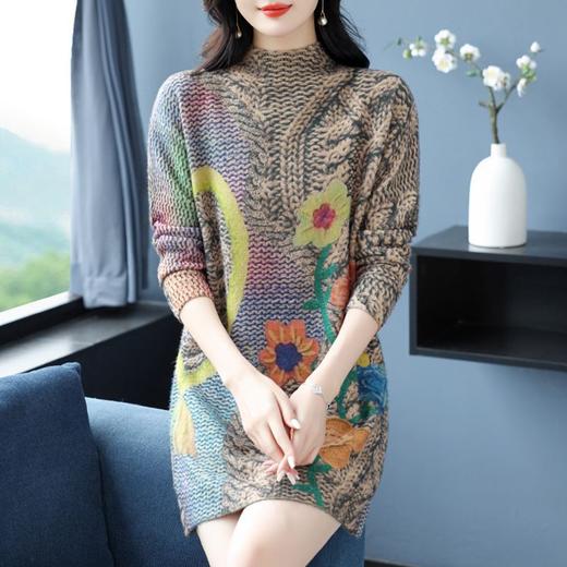 胖mm大码半高领中长款毛衣，女套头2023冬季时尚印花保暖加厚打底衫CC-XX-3759 商品图3
