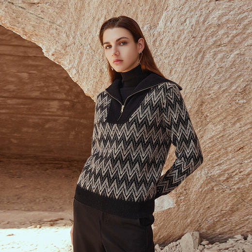 【拉链款提花羊绒衫】羊绒世家秋冬女士新品100%山羊绒提花针织套衫 商品图2
