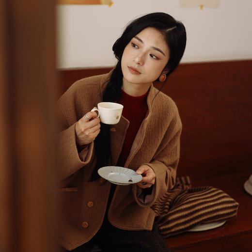 绽放983朵/咖色复古中式100%羊毛立领设计小褶廓形香蕉袖毛呢外套 商品图0