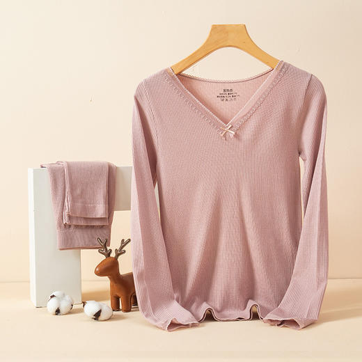 秋冬【蝴蝶结V领徳绒保暖内衣】无痕内搭 发热竖纹 修身女 秋衣秋裤套装 商品图6