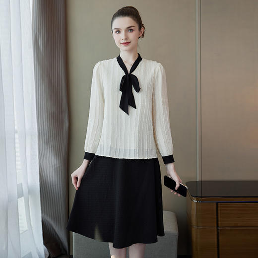 奢姿2024春季新款时尚简约大码女装胖妹妹蝴蝶结系带衬衫半裙套装9941953225 商品图1