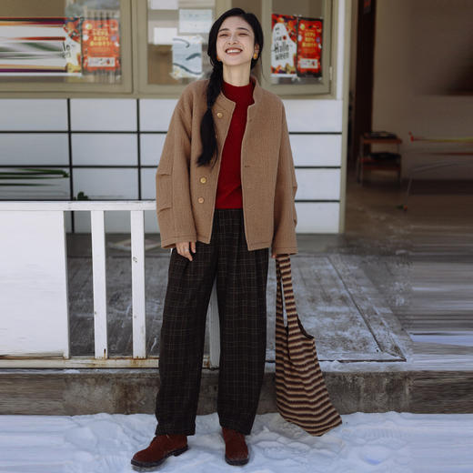 绽放983朵/咖色复古中式100%羊毛立领设计小褶廓形香蕉袖毛呢外套 商品图1