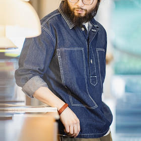 工装优选 美式复古半开襟牛仔衬衫丹宁翻领套头辑明线口袋外套男秋