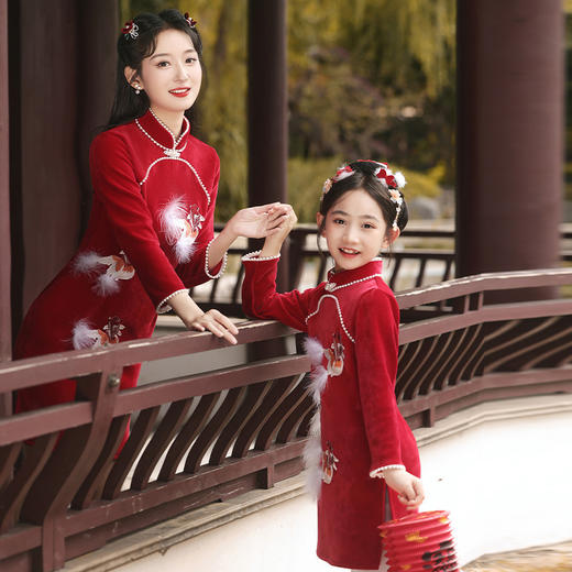 冬新款亲子装立体金鱼刺绣中国风改良旗袍QJZ876 商品图3