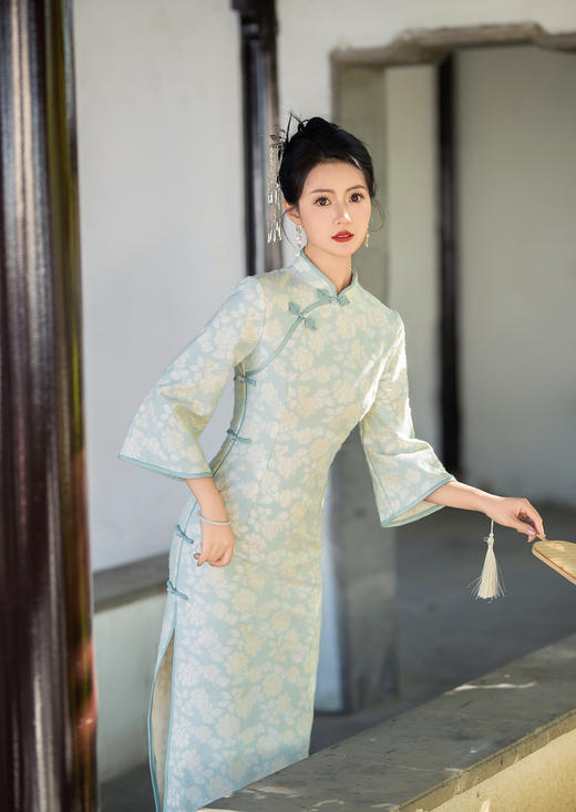 冬季加绒保暖气质年轻羽毛纱时尚淑女倒大袖旗袍ZA5190 商品图3