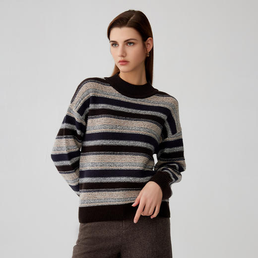 【半高领条纹撞色羊绒衫】羊绒世家秋冬新品女士100%山羊绒内搭保暖毛衣 商品图1