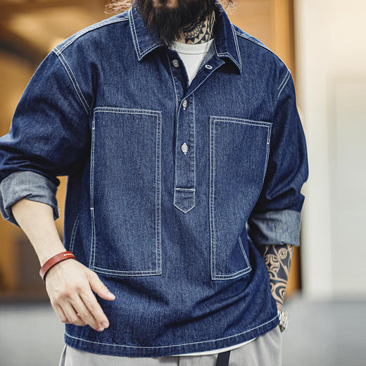 工装优选 美式复古半开襟牛仔衬衫丹宁翻领套头辑明线口袋外套男秋 商品图4