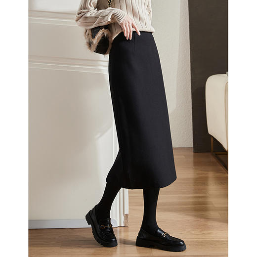 雀说 毛呢半身裙女秋季新款百搭显瘦中长款裙子开叉高腰包臀裙3ZF-121107 商品图3