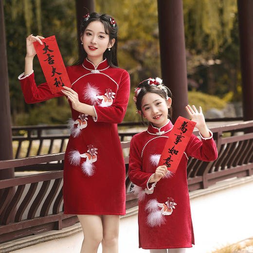 冬新款亲子装立体金鱼刺绣中国风改良旗袍QJZ876 商品图1