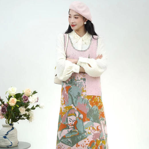 两三事阅读少女文艺风油画图案无袖毛衣裙连衣裙 商品图1