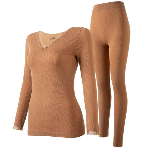 秋冬【蝴蝶结V领徳绒保暖内衣】无痕内搭 发热竖纹 修身女 秋衣秋裤套装 商品图4