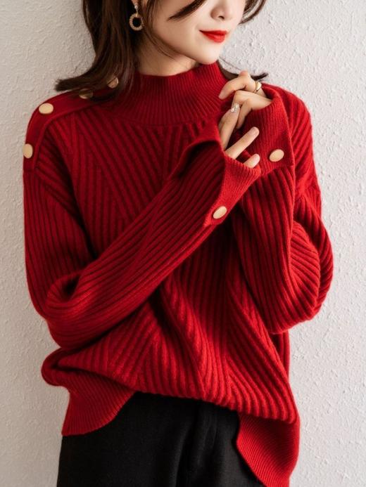雀说 半高领新年红色毛衣女秋冬大码宽松气质百搭针织衫3ZF-0984 商品图2