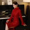 中国红喜庆宴会礼服，中长款蕾丝加绒长袖毛领气质旗袍MLS6296 商品缩略图1