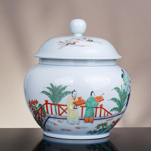 青花五彩加官进爵盖罐 商品图2