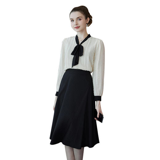 奢姿2024春季新款时尚简约大码女装胖妹妹蝴蝶结系带衬衫半裙套装9941953225 商品图4