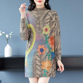 胖mm大码半高领中长款毛衣，女套头2023冬季时尚印花保暖加厚打底衫CC-XX-3759