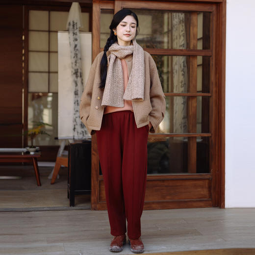 绽放983朵/咖色复古中式100%羊毛立领设计小褶廓形香蕉袖毛呢外套 商品图2